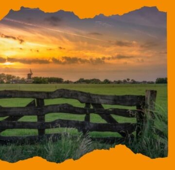 Weidezaun im Sonnenuntergang mit Mühle im Hintergrund