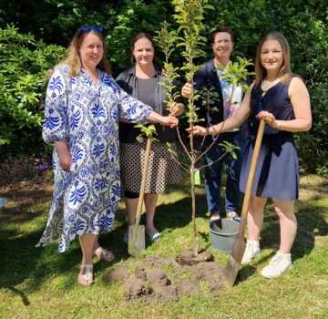 Vier GPS Mitarbeiterinnen stehen draußen im Garten und pflanzen gerade einen kleinen Baum ein.