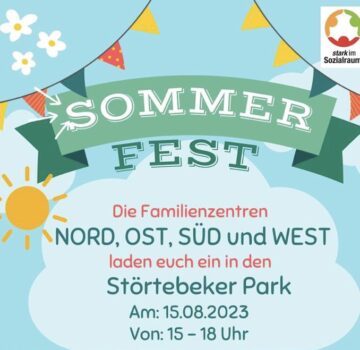 Ein Flyer zum Sommerfest von den Familienzentren Nord, Ost, Süd und West im Störtebeker Park.
