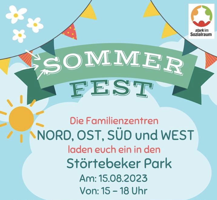 Ein Flyer zum Sommerfest von den Familienzentren Nord, Ost, Süd und West im Störtebeker Park.