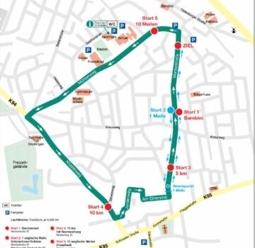 Eine bunte Stadtkarte mit einer grün-farbigen Route.