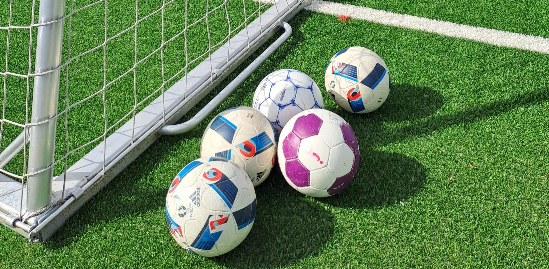 Fünf farbige Fußbälle neben ein Fußballtor