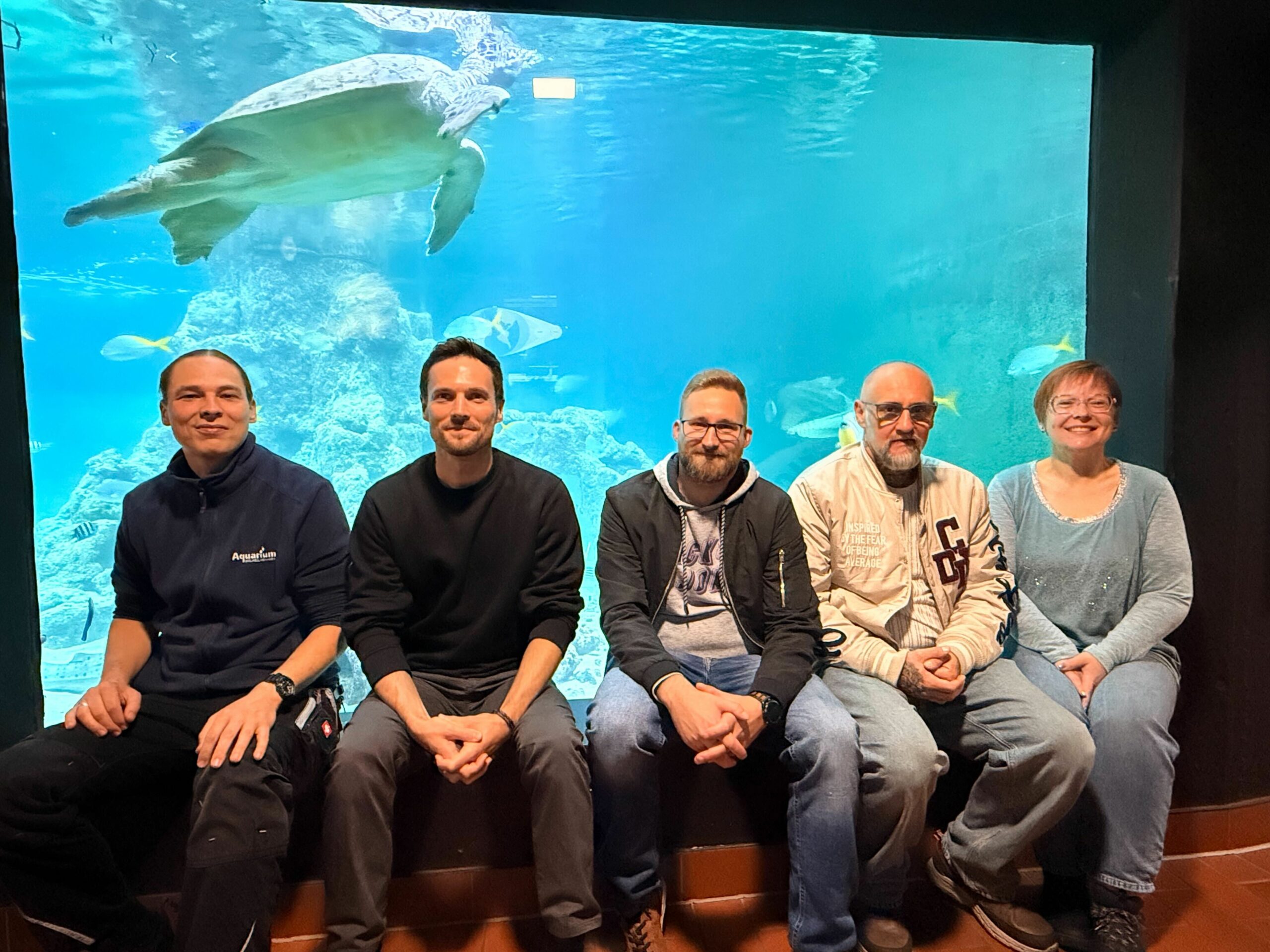 Gruppenfoto von fünf Menschen in einem Aquarium. Im Hintergrund sieht man eine große Schildkröte im Becken schwimmen.