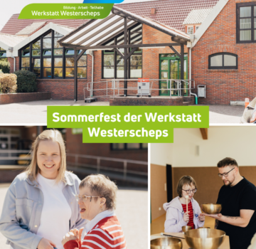 Ein Gebäude mit Logo "Werkstatt Westerscheps", eine junge Frau mit einer älteren Frau und ein Mann mit einer jungen Frau beim Kochen.