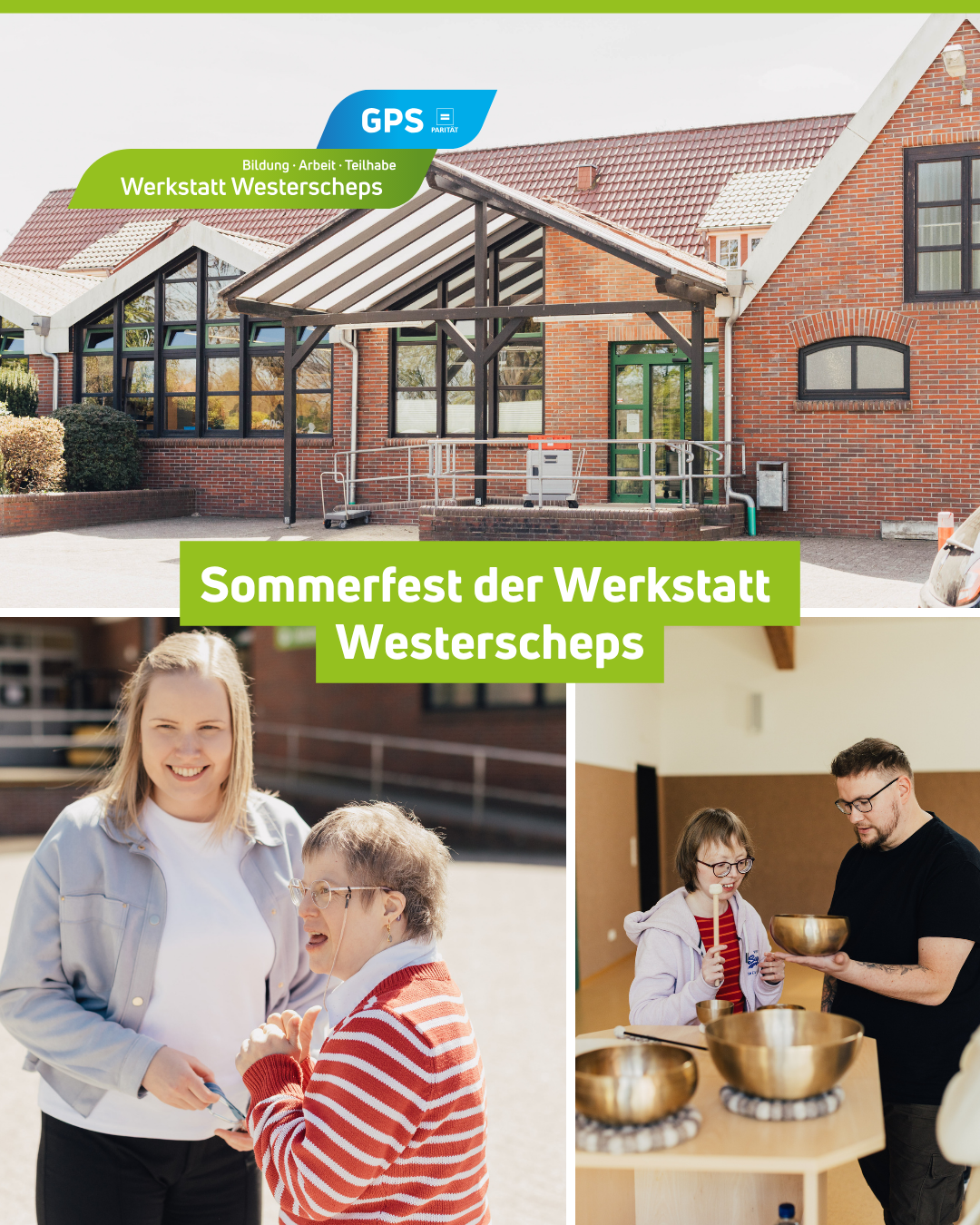 Ein Gebäude mit Logo "Werkstatt Westerscheps", eine junge Frau mit einer älteren Frau und ein Mann mit einer jungen Frau beim Kochen.
